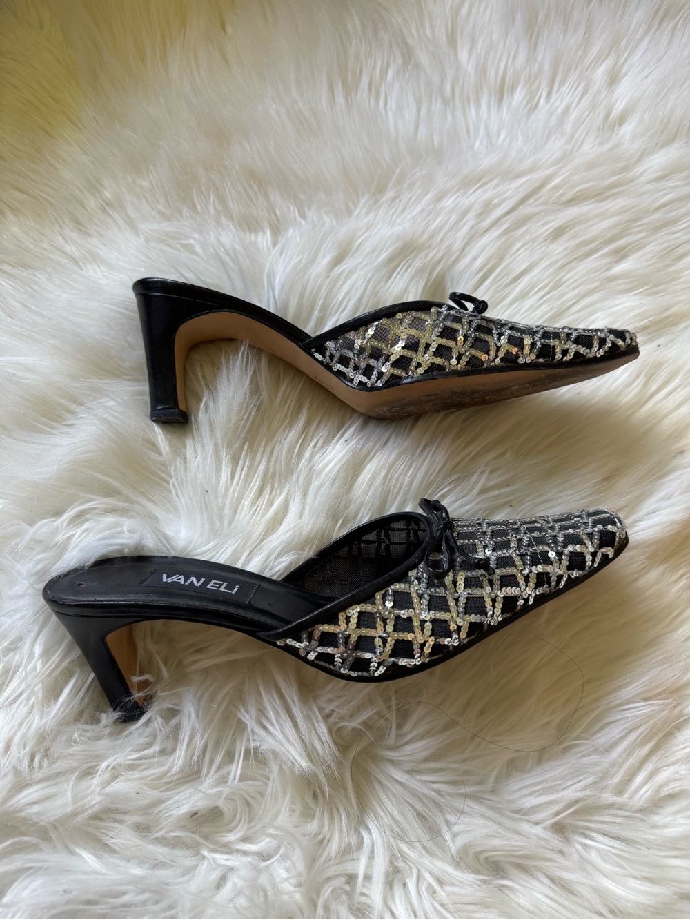 Vintage Vaneli Black Mesh Pointed Mule with Silver Sequins